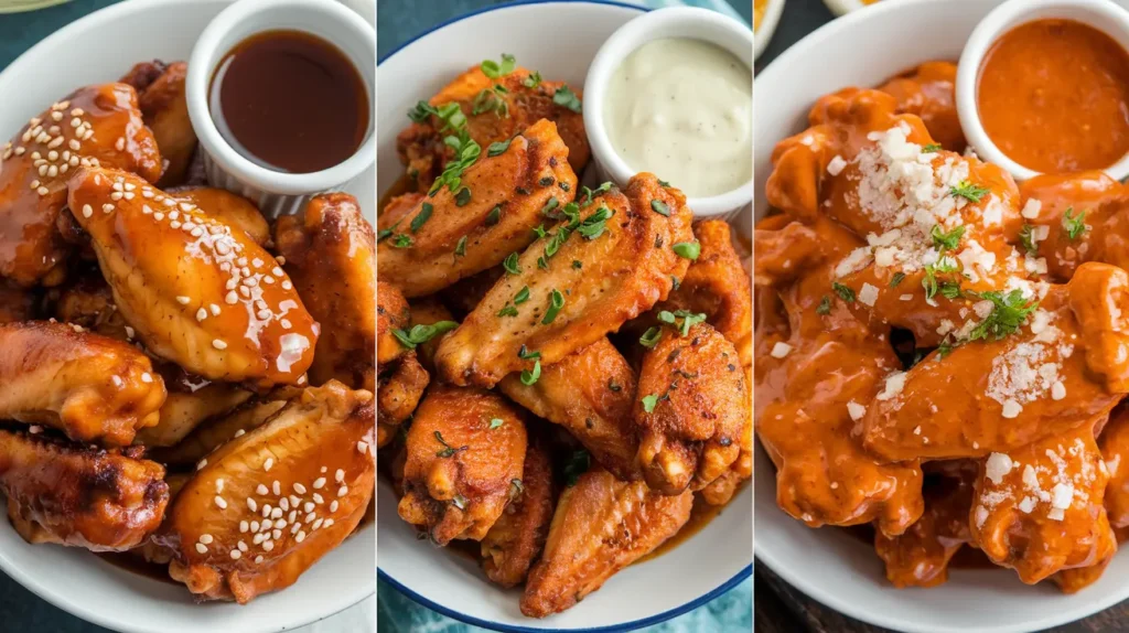 Three plates of air fryer chicken wings: honey-glazed, garlic parmesan, and buffalo sauce variations.