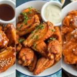 Three plates of air fryer chicken wings: honey-glazed, garlic parmesan, and buffalo sauce variations.