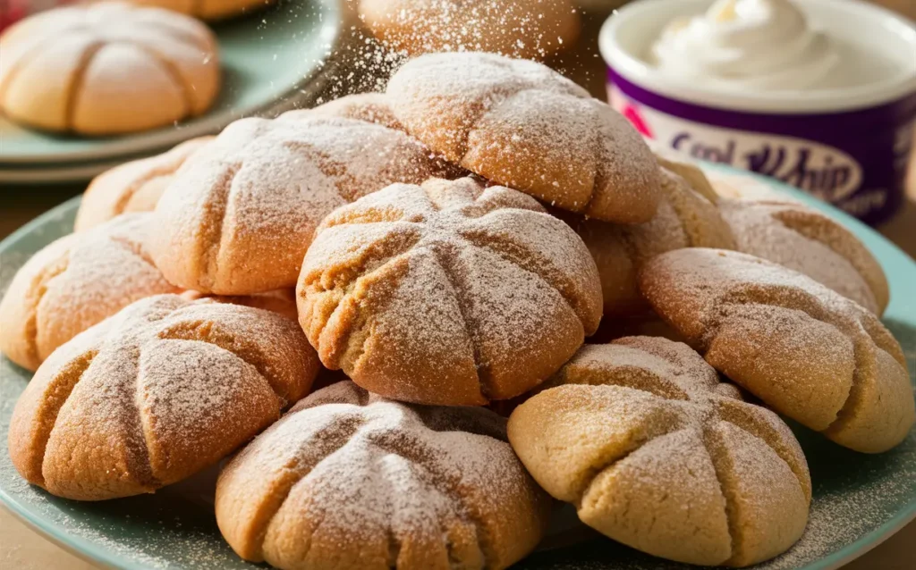 Freshly baked Cool Whip Cookies dusted with powdered sugar.