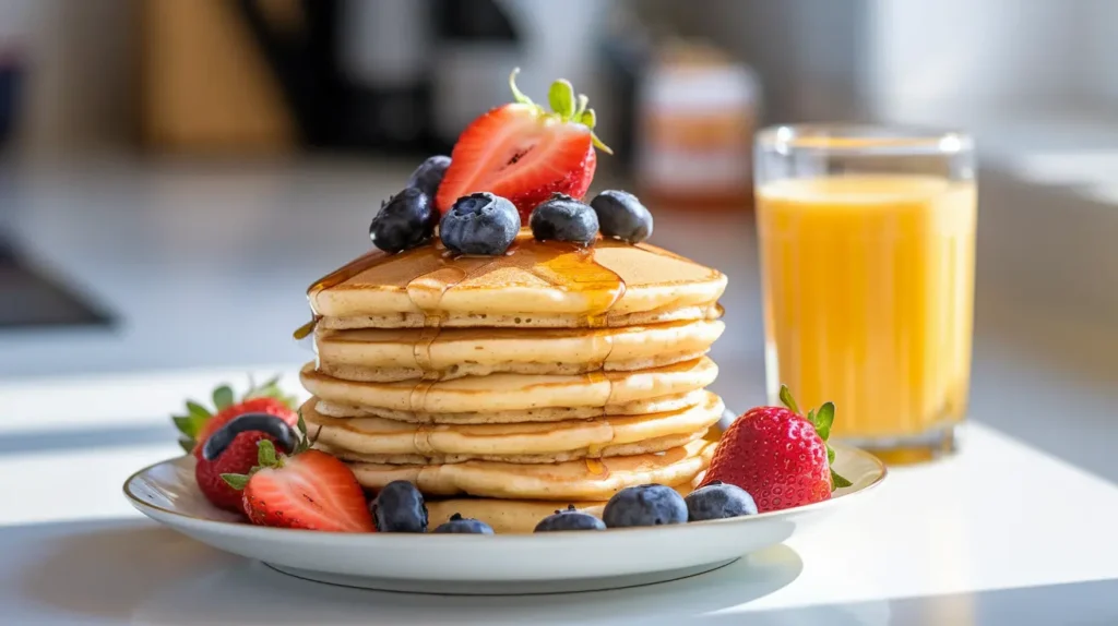 A stack of Premier Protein pancakes topped with fresh strawberries, blueberries, and honey on a white plate.