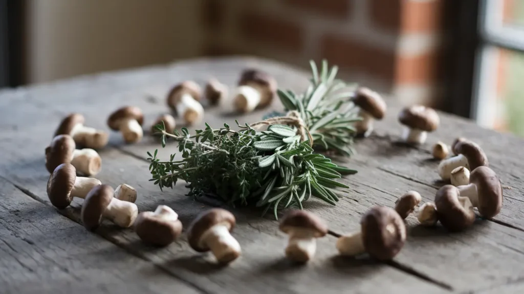  Fresh cremini mushrooms on a rustic wooden table with sprigs of herbs in natural light.