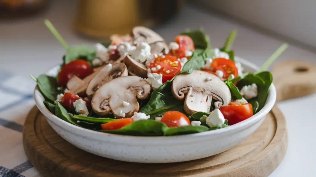 A salad with sliced cremini mushrooms, spinach, cherry tomatoes, and feta cheese.