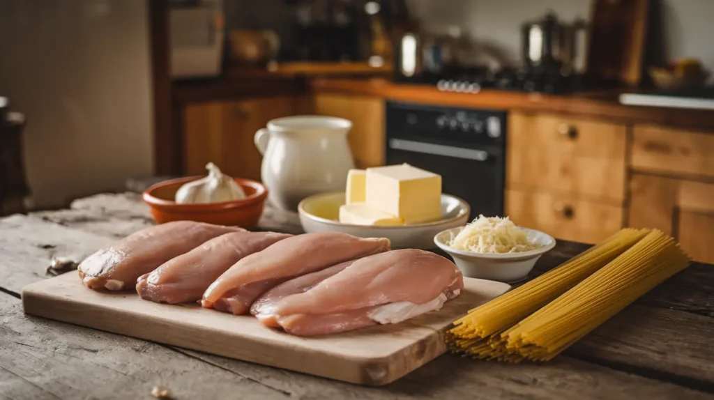  Ingredients for garlic parmesan chicken pasta arranged on a rustic wooden table.