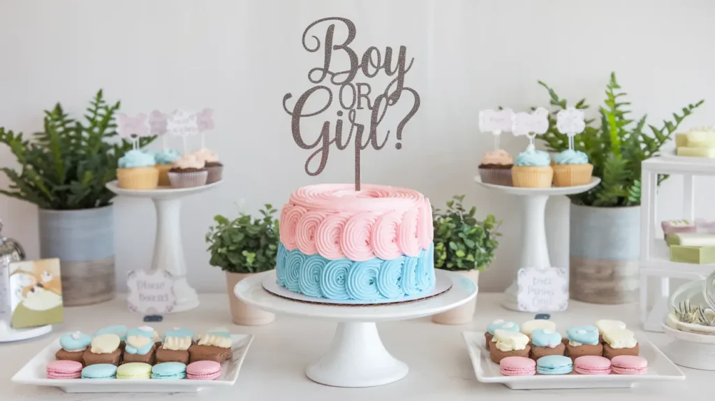 Nothing Bundt Cake with pink and blue frosting and a “Boy or Girl?” topper on a decorated dessert table.