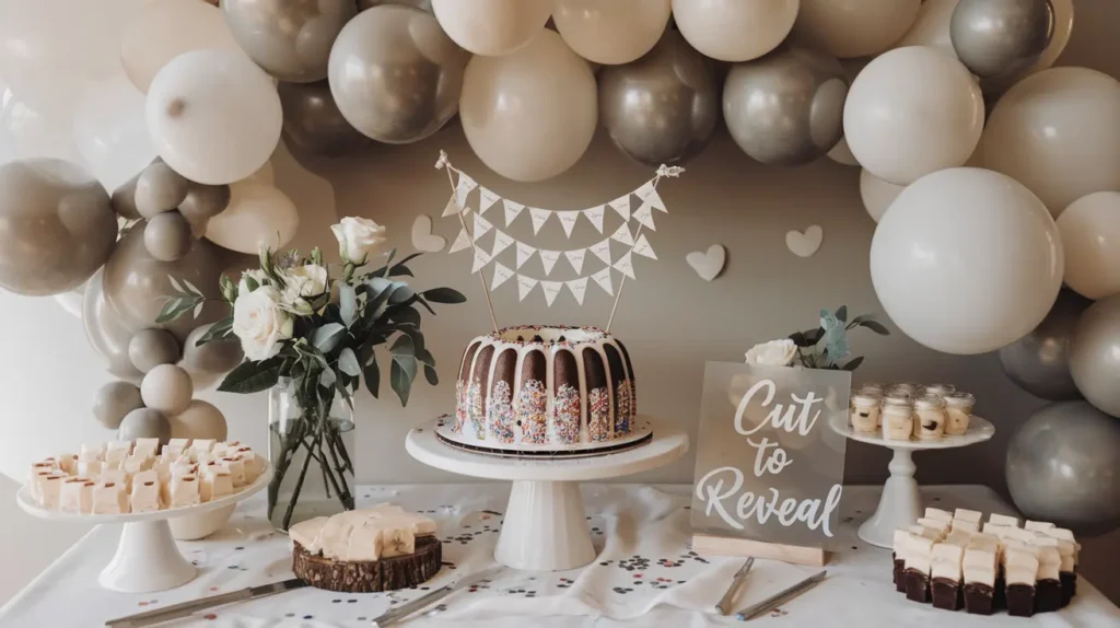 Nothing Bundt Cake on a party table surrounded by balloons, confetti, and a “Cut to Reveal” sign.