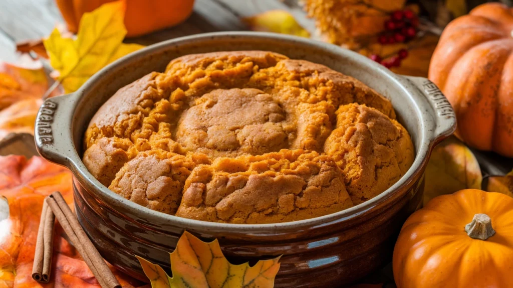  Freshly baked pumpkin dump cake in a ceramic dish with golden crust.