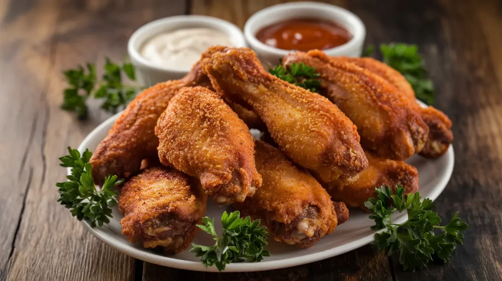 Golden crispy fried chicken wings served with dipping sauces and parsley garnish.