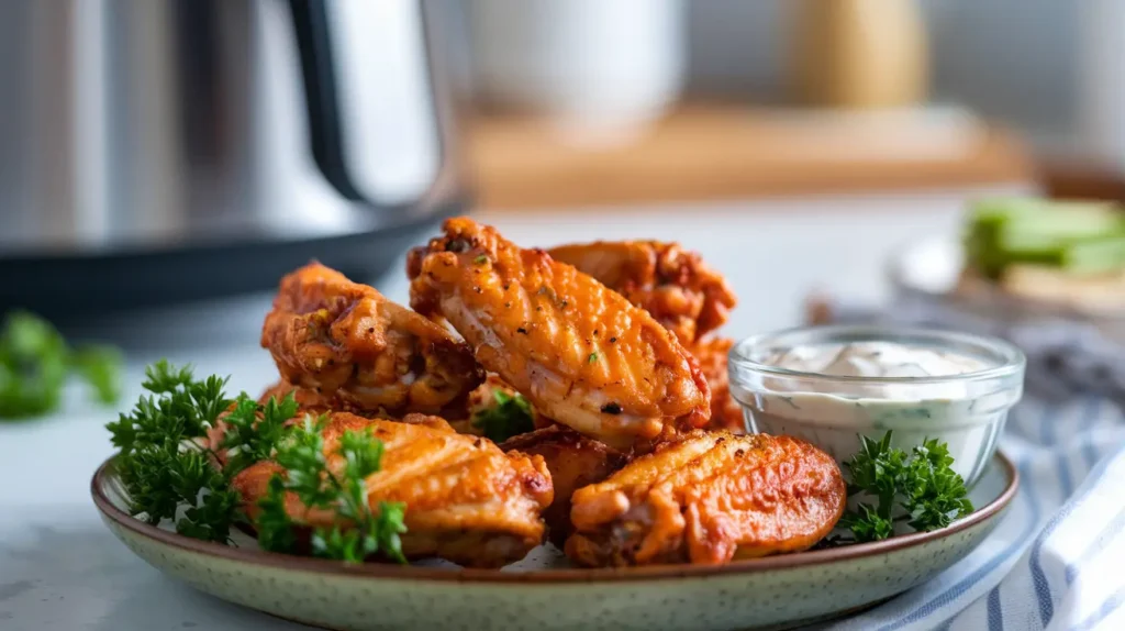 Golden crispy chicken wings garnished with herbs, served with dipping sauces and vegetables.