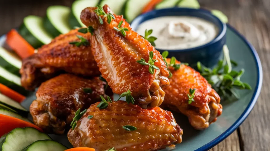 Crispy golden chicken wings served with dipping sauce and garnished with herbs.