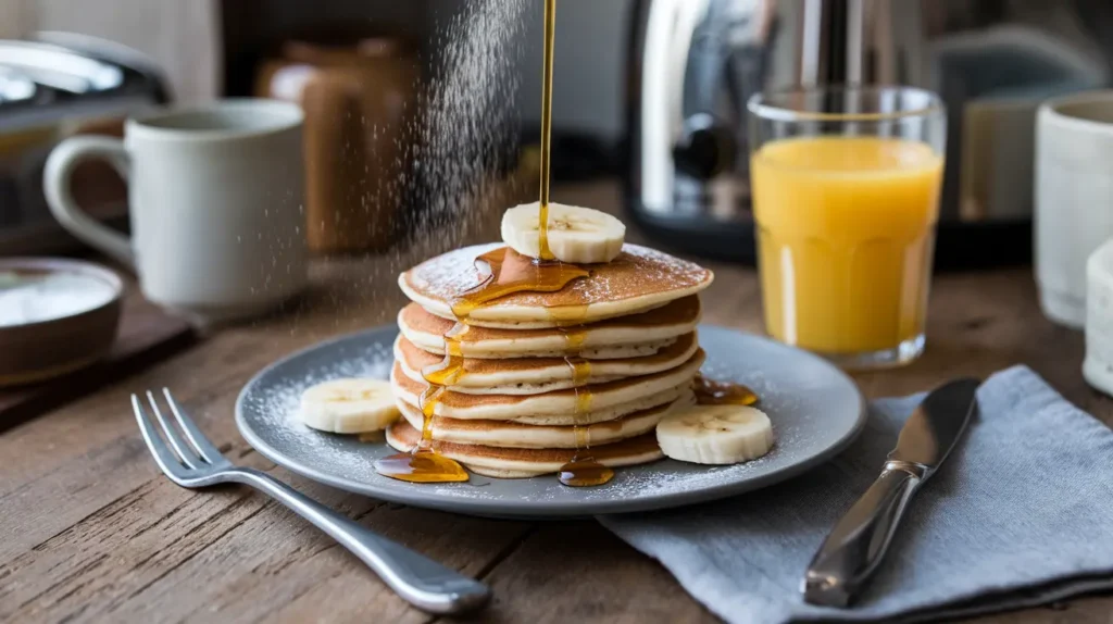 Premier Protein pancakes served with banana slices and sugar-free syrup on a rustic wooden table.