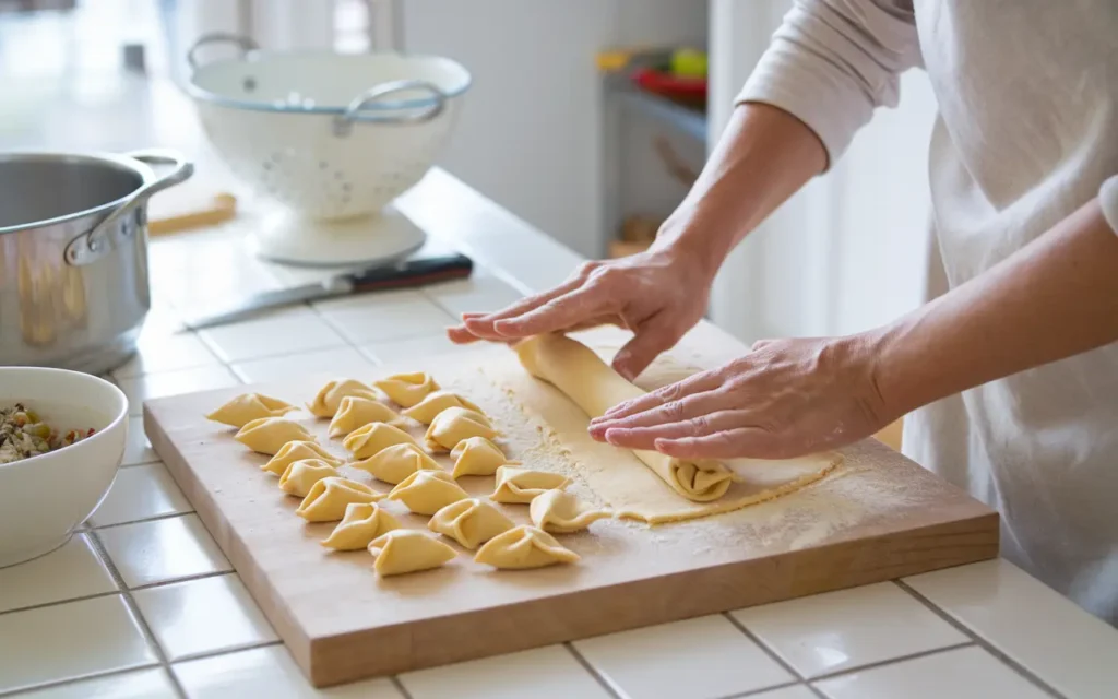 A home chef rolling fresh tortellini dough on a floured countertop.