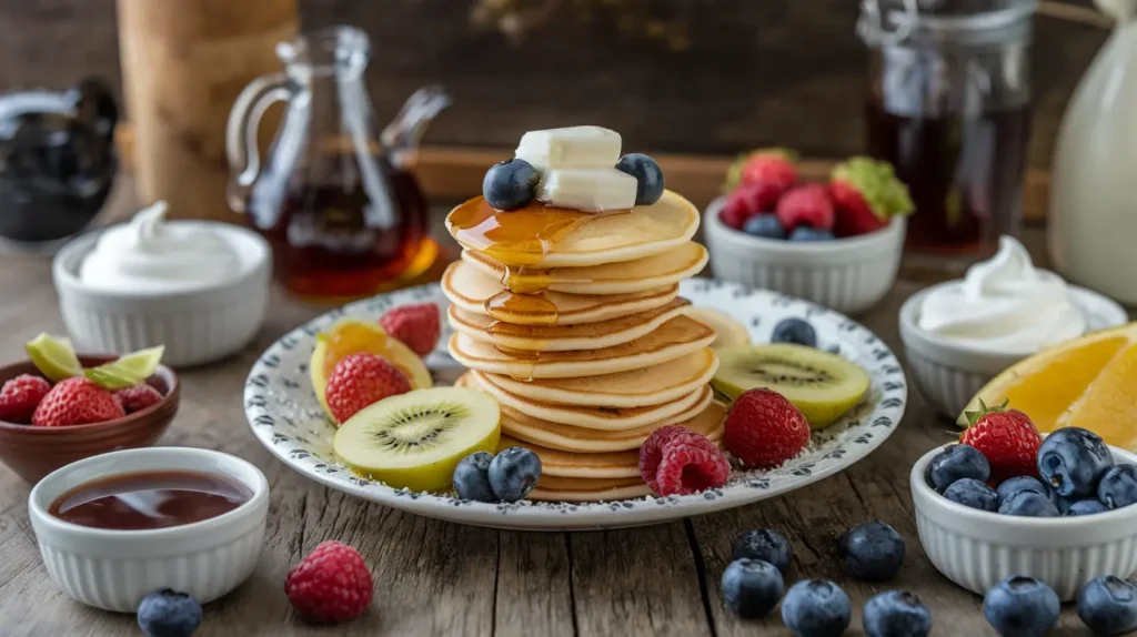 Mini pancakes stacked on a plate with bowls of syrup, whipped cream, and fresh fruit on a rustic table.