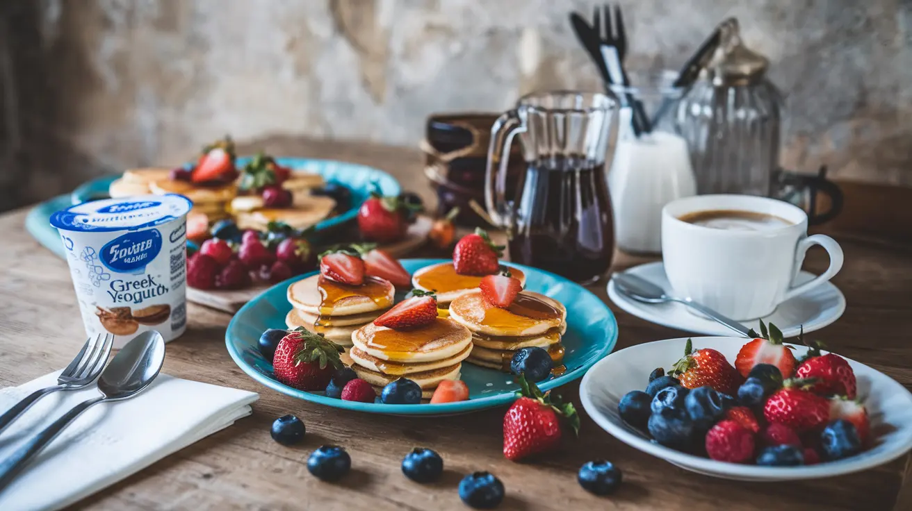 A vibrant breakfast spread featuring mini pancakes topped with syrup, fresh fruits, and Greek yogurt, arranged on a wooden table with coffee and utensils.