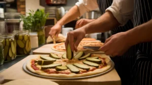 Chefs in a cozy pizzeria preparing pickle pie pizza with dill pickles, garlic sauce, and cheese in a rustic setting.