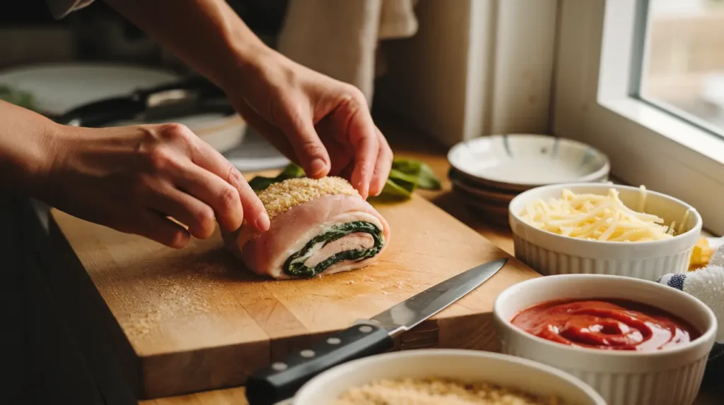 Hands rolling a chicken breast stuffed with creamy ricotta and spinach filling for chicken rollatini.