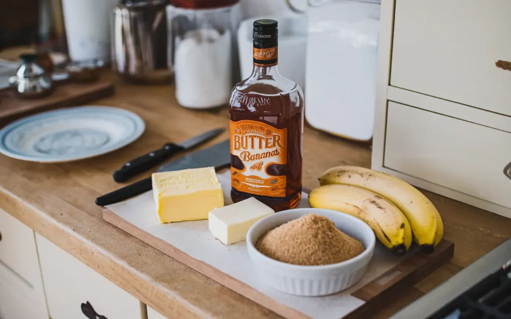 A bottle of spiced rum placed alongside butter, bananas, and brown sugar on a kitchen counter.