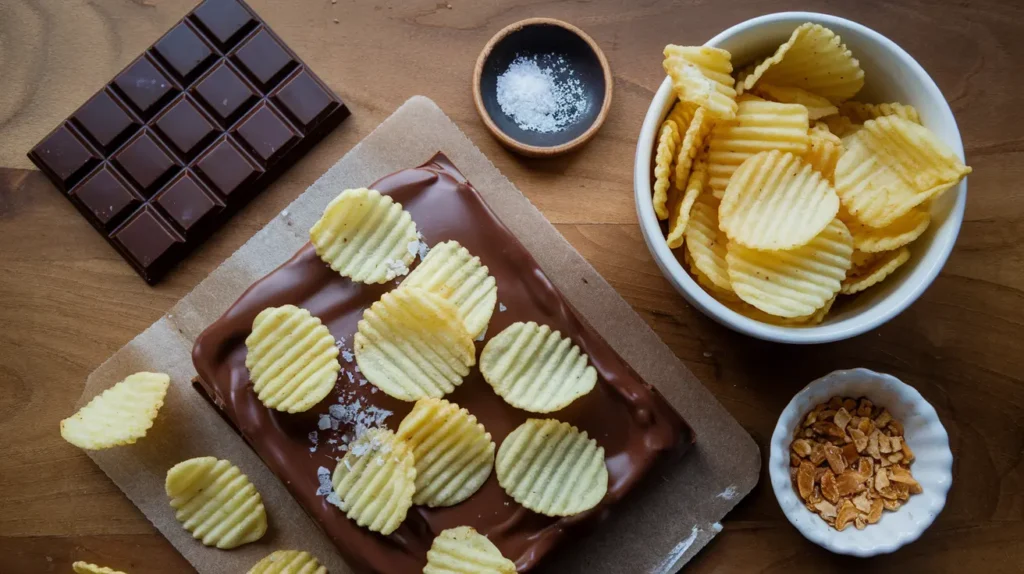 Ingredients for chocolate covered potato chips: chocolate, chips, and various toppings.