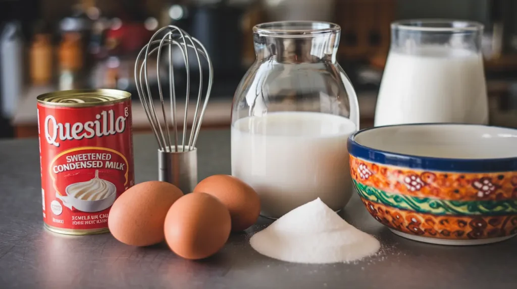 Quesillo ingredients laid out on a kitchen countertop: eggs, milk, sugar, and condensed milk.