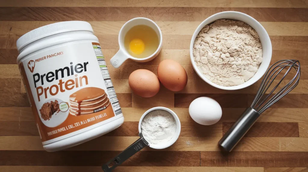 Flat lay of ingredients like protein powder, eggs, and almond flour for Premier Protein pancakes on a wooden countertop.