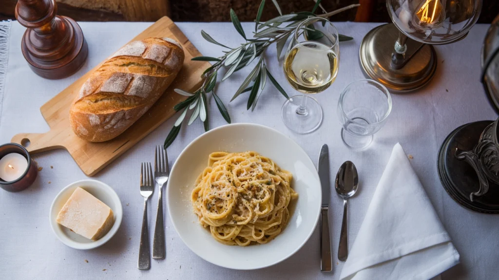 Top-down view of a dinner table with fettuccine carbonara, wine, bread, and parmesan.