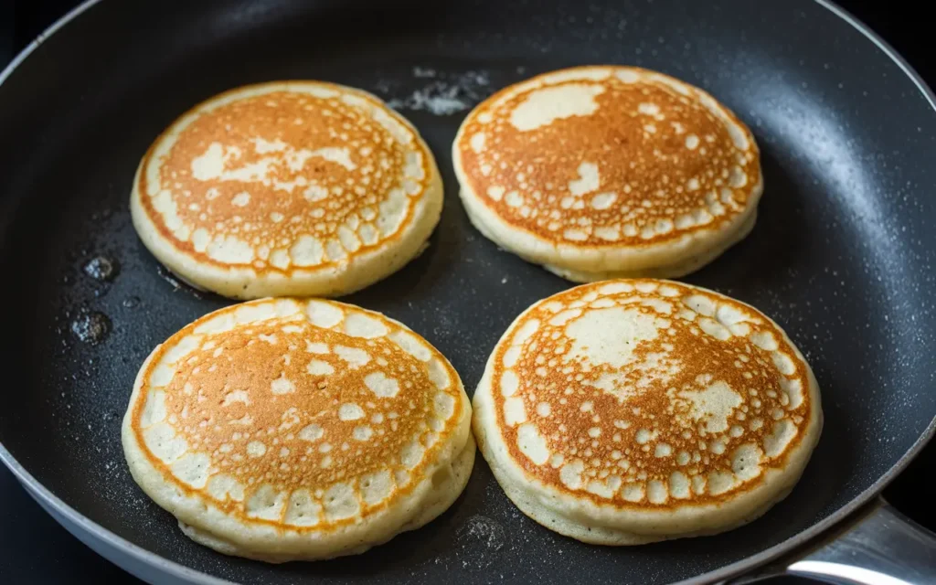 Cooking Kylie Jenner's banana pancakes with bubbles on a non-stick pan.