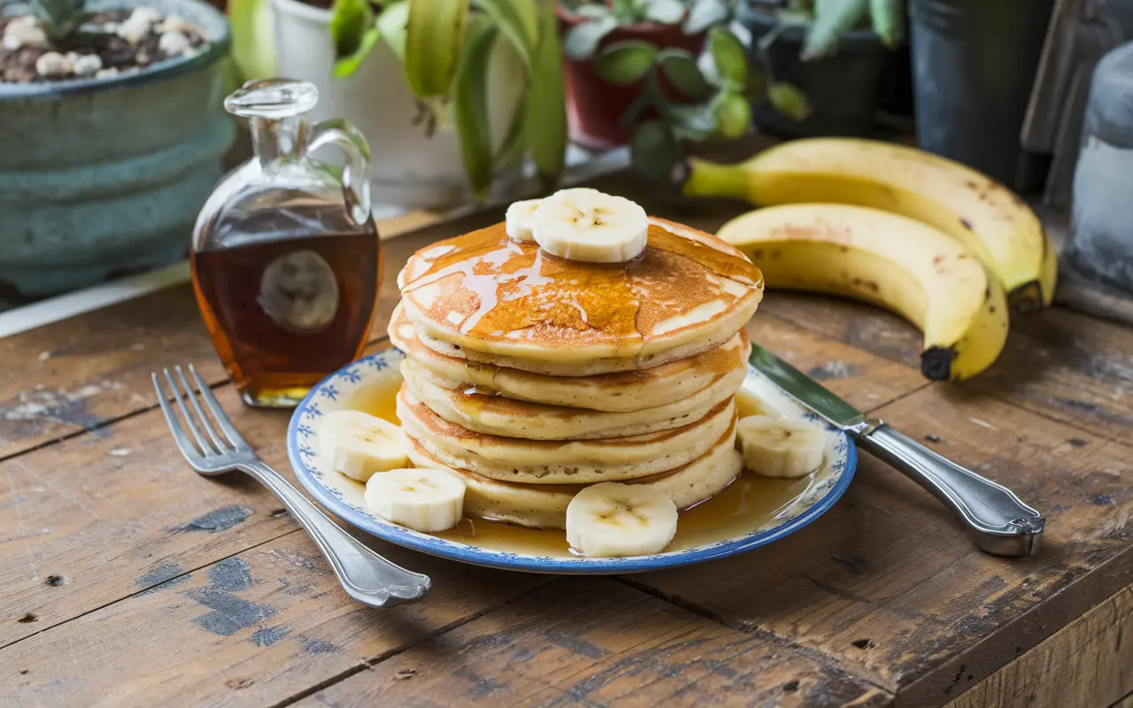 A stack of Kylie Jenner's banana pancakes served with syrup and bananas