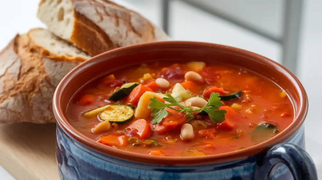  A close-up of Minestrone soup with vegetables and beans in a tomato broth.