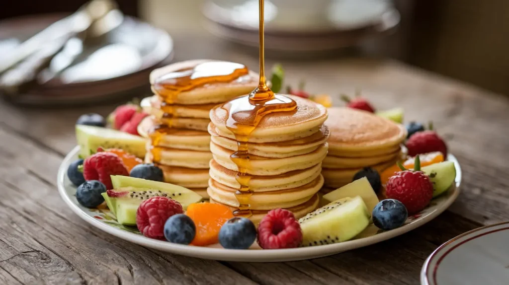 Golden mini pancakes with syrup and fresh fruits on a plate.