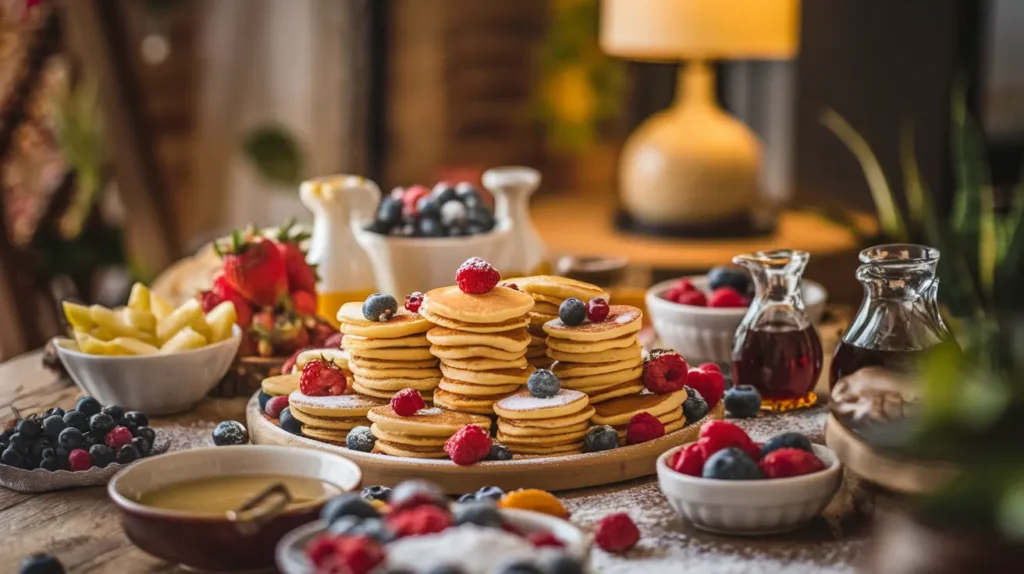 Mini pancakes on a wooden table with fresh fruit, syrups, and powdered sugar.