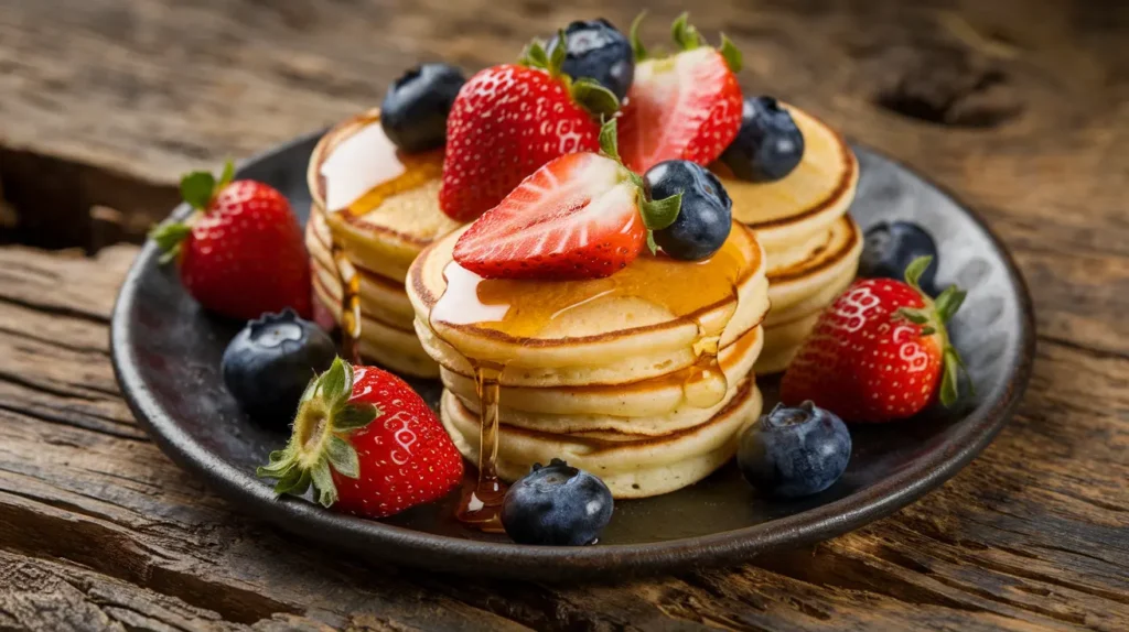 Mini pancakes with fresh strawberries, blueberries, and honey drizzle.