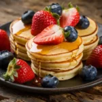 Mini pancakes with fresh strawberries, blueberries, and honey drizzle.