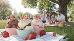 A family enjoying Neapolitan ice cream at a sunny park picnic with bowls of ice cream and fresh toppings.