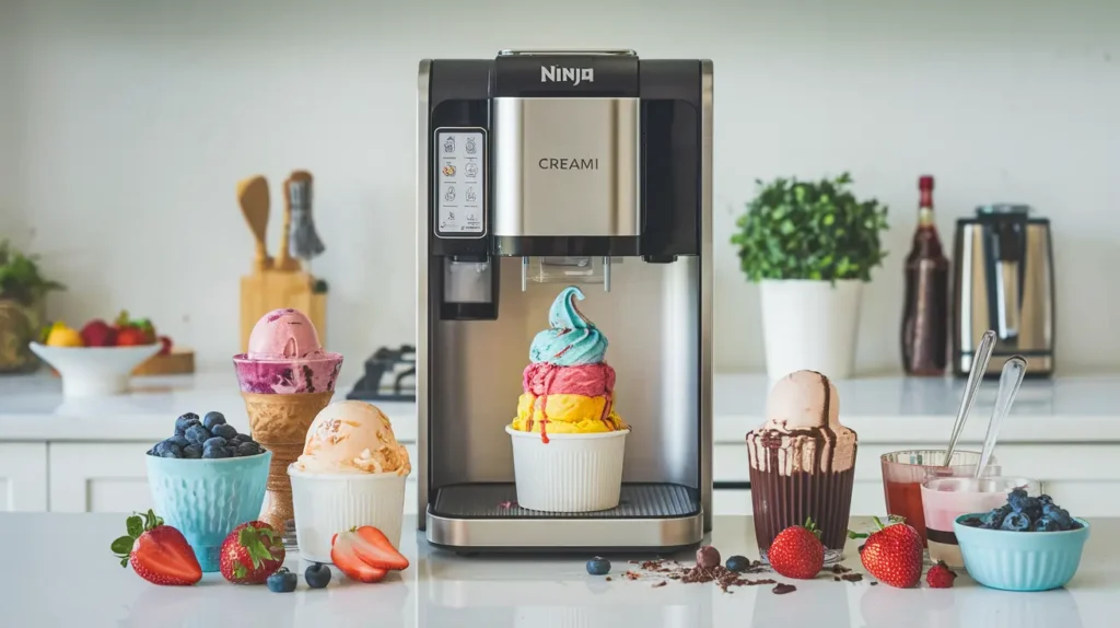 Ninja Creami machine creating ice cream with finished desserts on display.