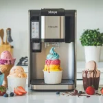 Ninja Creami machine creating ice cream with finished desserts on display.