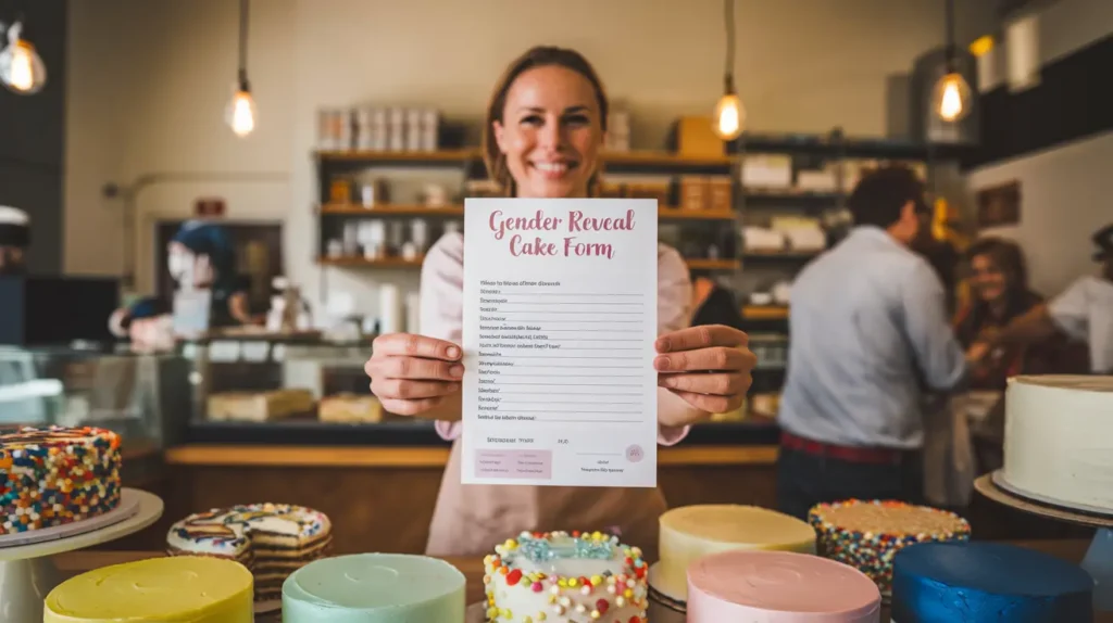 A baker displaying a gender reveal cake order form with cake samples.