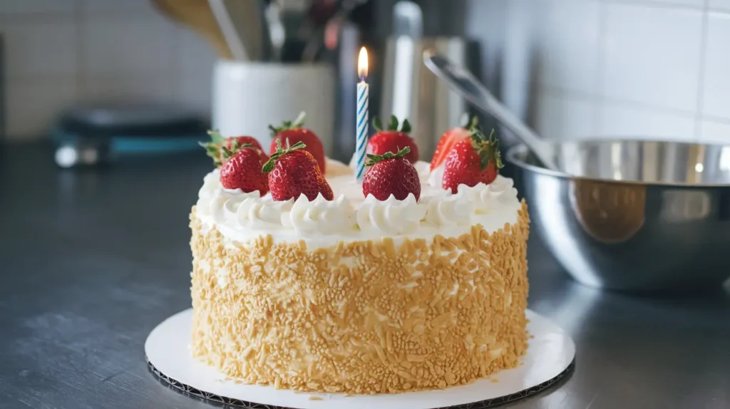 A simple homemade birthday cake with strawberries and a candle.