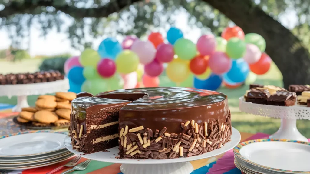 A chocolate fudge birthday cake ready to be served at a party.