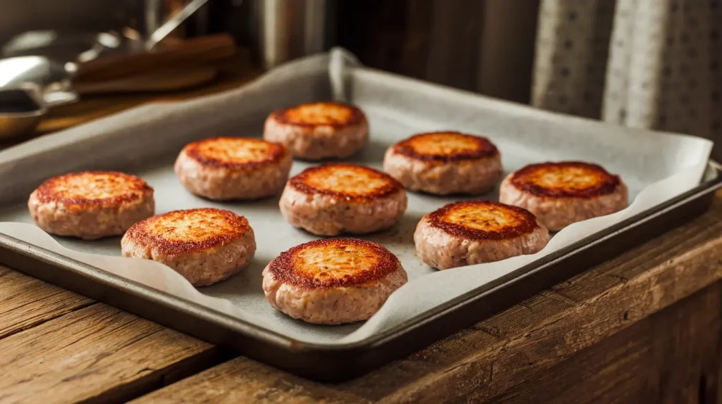  Golden-brown Jimmy Dean breakfast sausage patties on a baking tray in a rustic kitchen setting.