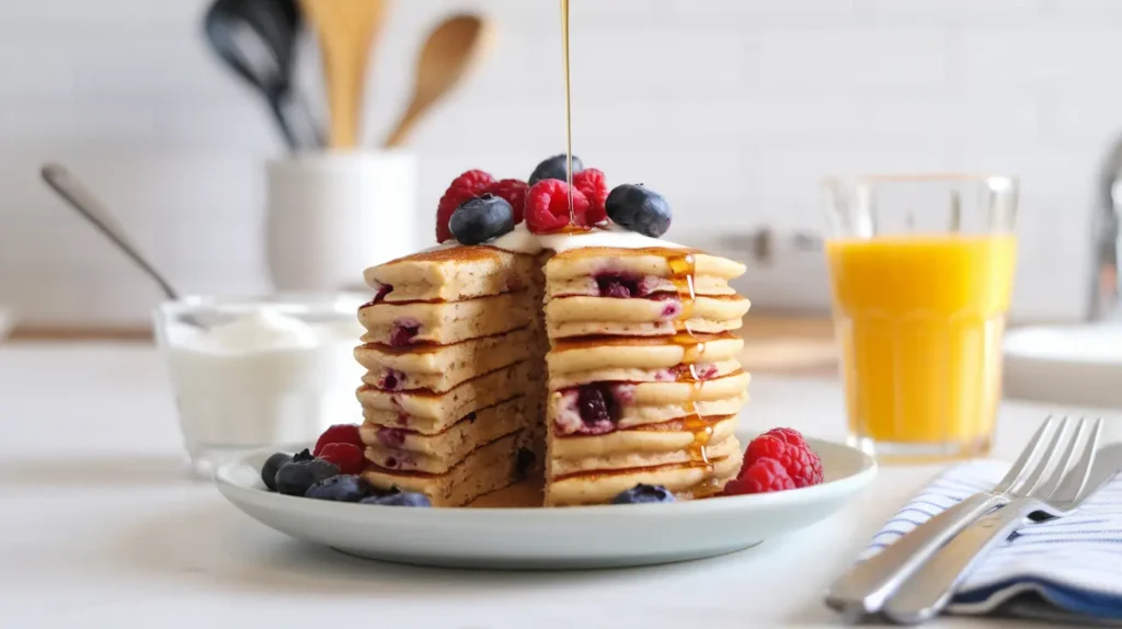 A stack of reheated Premier Protein pancakes with fresh berries, honey, and Greek yogurt, set in a bright kitchen.