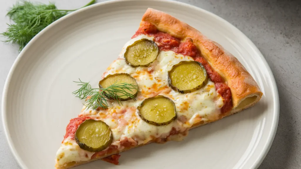 Close-up of a pickle pie pizza slice on a white plate, showcasing golden crust, garlic sauce, and vibrant dill pickles.