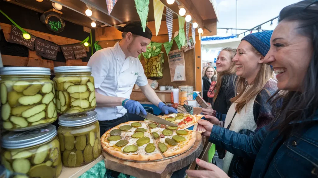 Food festival stall serving pickle pie pizza, with customers enjoying slices and vibrant decorations of pickle jars and banners