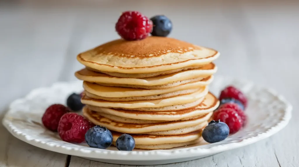 A stack of plain mini pancakes on a white plate.