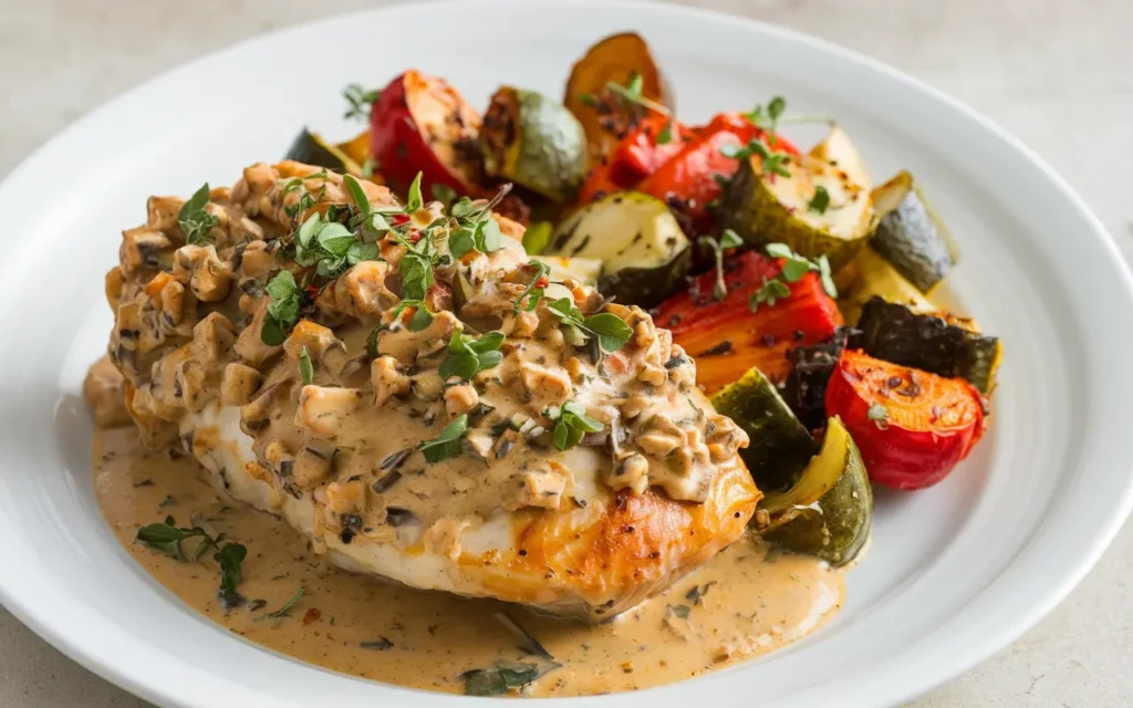 Plated Marry Me Chicken with thick, creamy sauce and fresh herb garnish.