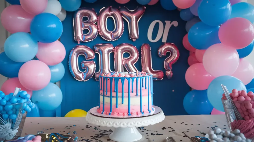 Gender reveal party table with a drip cake centerpiece, balloons, and a “Boy or Girl?” sign.