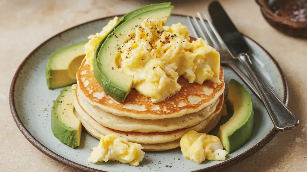 Premier Protein pancakes topped with scrambled eggs, avocado slices, and pepper on a rustic plate.