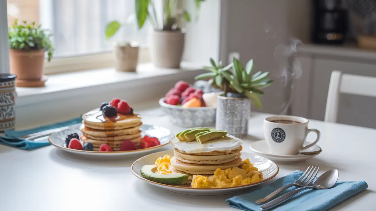 Two plates of Premier Protein pancakes with sweet and savory toppings on a bright breakfast table.