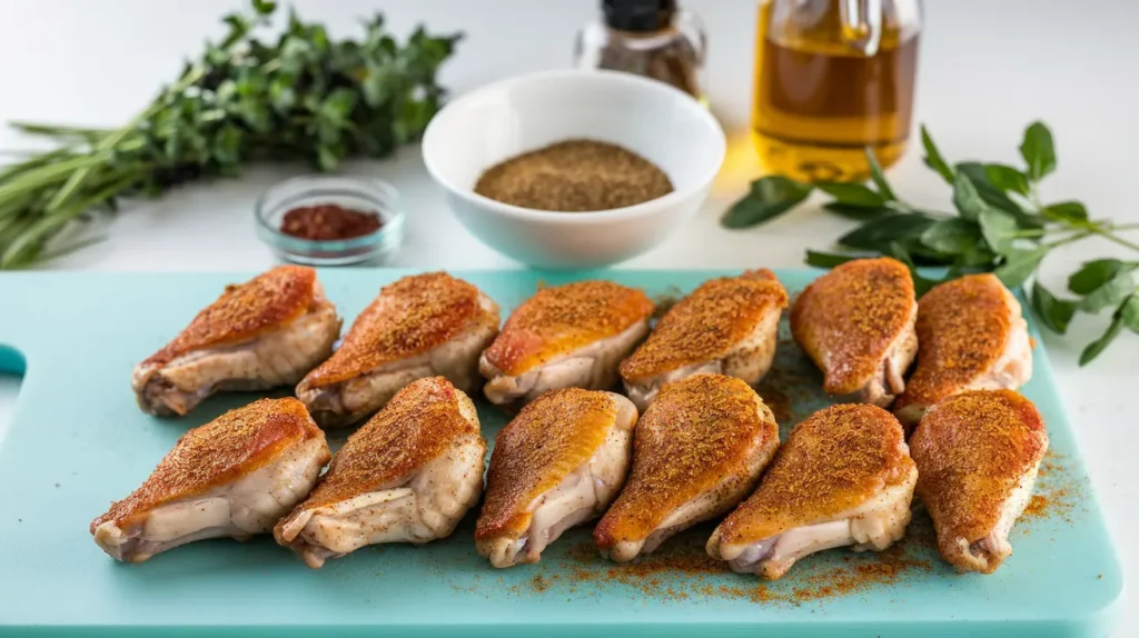 Chicken wings being seasoned on a cutting board with fresh spices and oil.