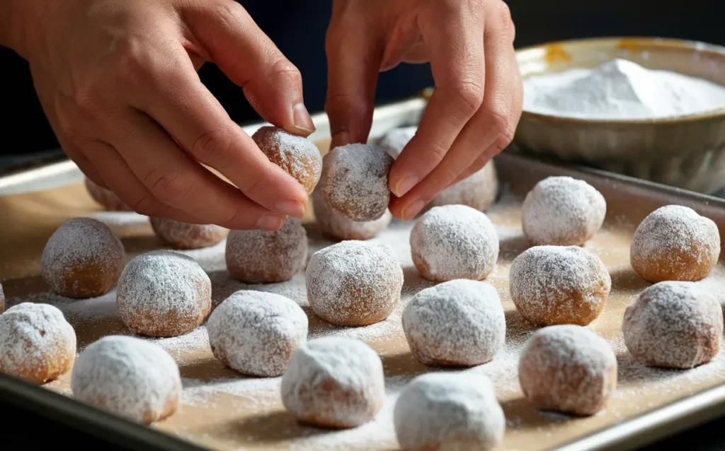 Rolling Cool Whip Cookie dough in powdered sugar on a baking tray.