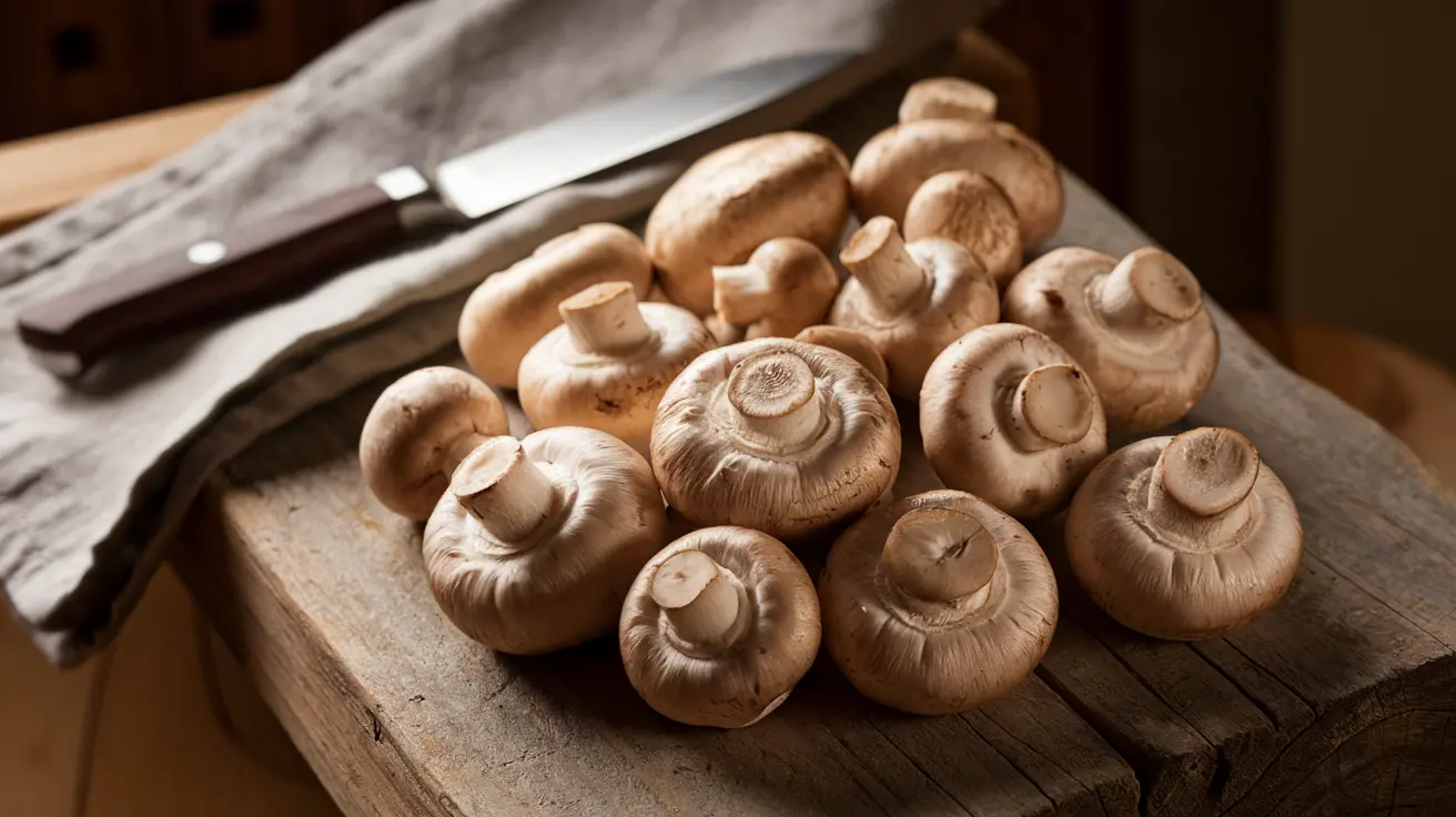 Fresh cremini mushrooms on a wooden cutting board with a knife and napkin.