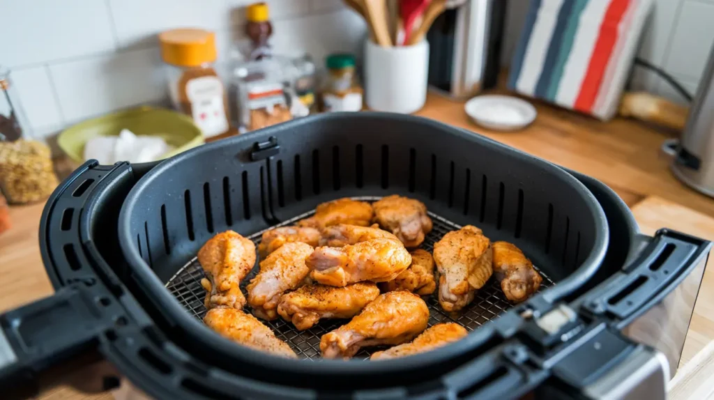 Frozen chicken wings arranged in the air fryer basket, ready for quick and crispy cooking